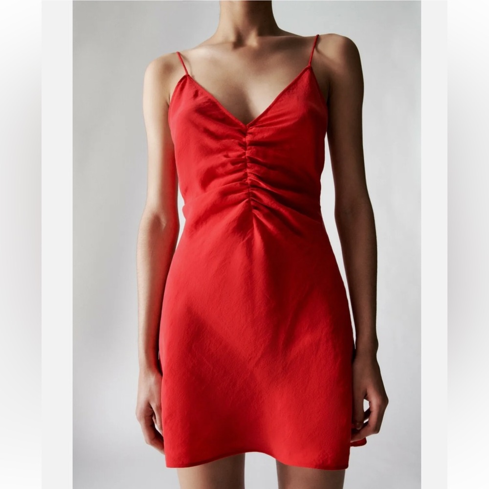 Zara red ruched flowy dress size medium